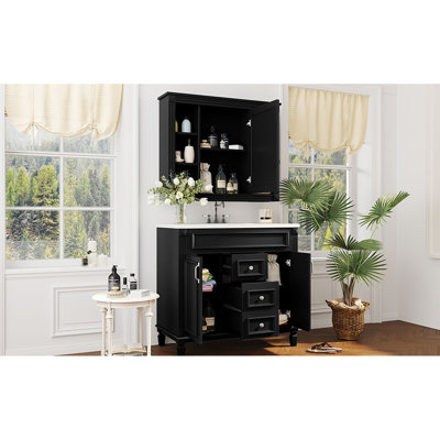 Elegant 36'' Bathroom Vanity, Black Mirror Cabinet With Sink, 2 Doors & Drawers, Storage Top Design, Fashionable