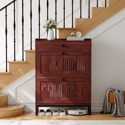 Armoire à chaussures moderne avec 2 tiroirs tournants - tablettes réglables et grand rangement caché - organisateur de vestibule autoportant, noyer