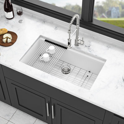 White Quartz Kitchen Undermount Sink 33X19" - Tough Workstation With Feature Inclusions Stable Added Extras