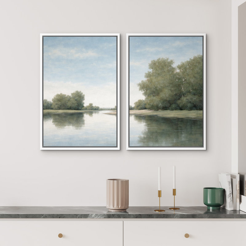 «Serene River Landscape with Green Trees Reflection», reproduction d'art sur toile encadrée, 2 pièces, Blanc