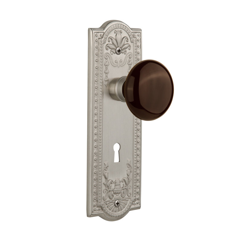 Brown Porcelain Interior Mortise Door Knob with Meadows Long Plate, Satin Nickel