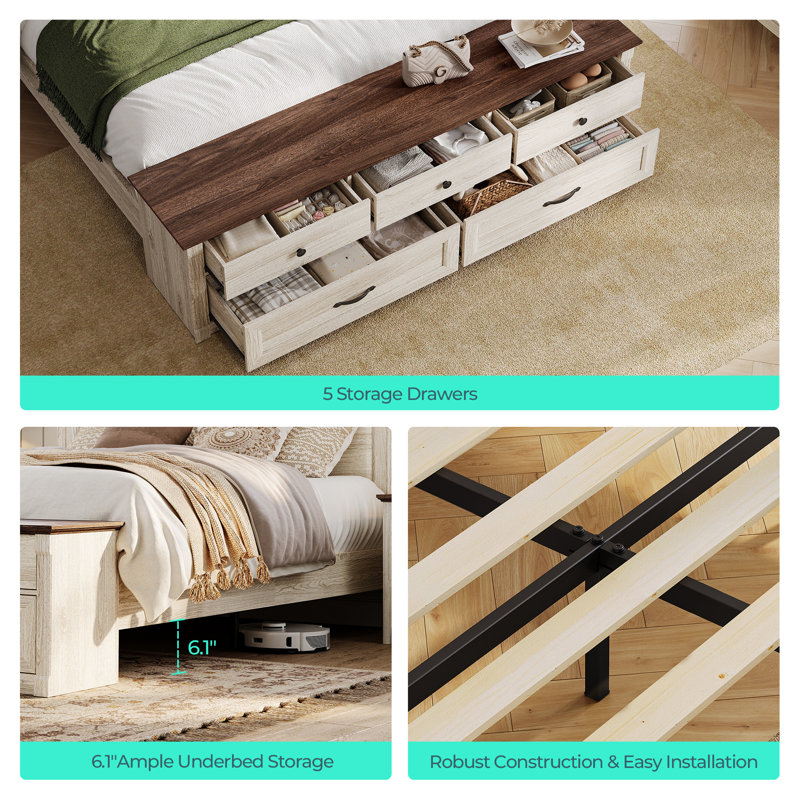 Farmhouse Queen Bed With Headboard And Storage Bench
