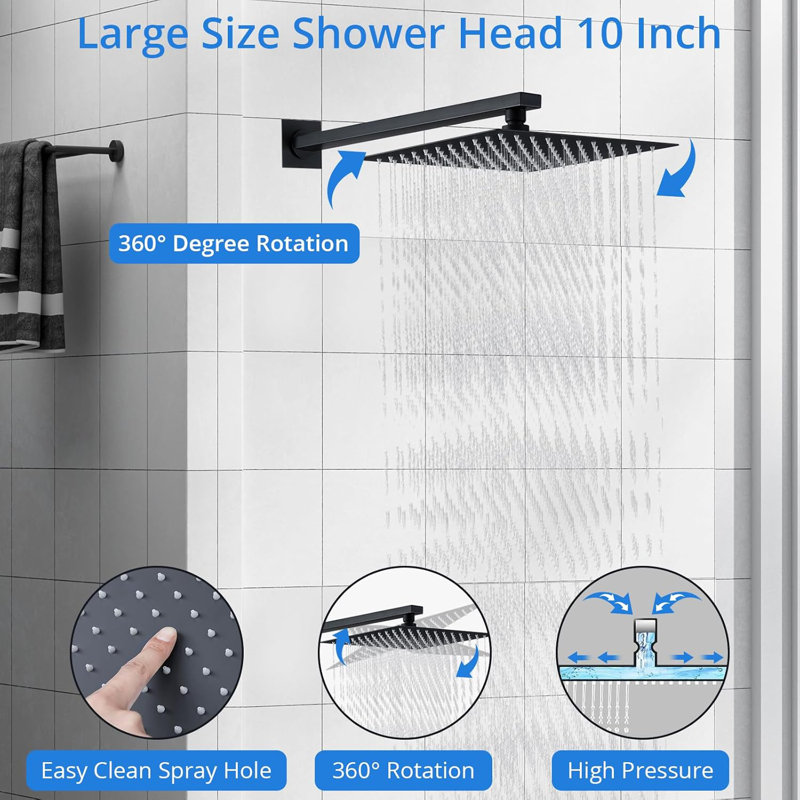 Système de douche à effet pluie 10 pouces, grande pomme de douche
