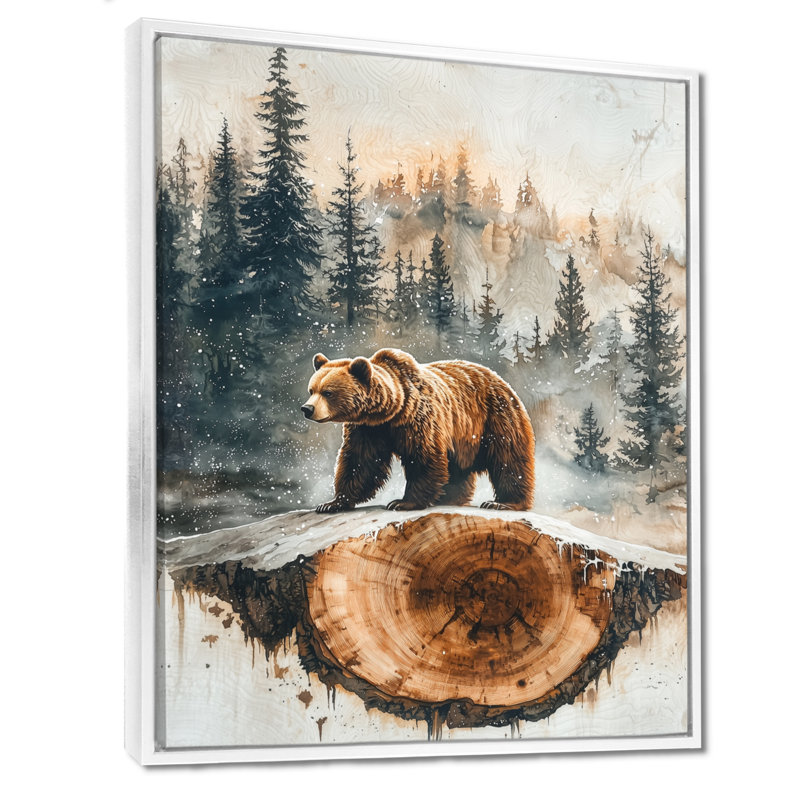 «Toyei Grizly Bear Into The Winter Landscape II», art mural ours, H 20 po x l 12 po, Impression encadrée flottante, Blanc