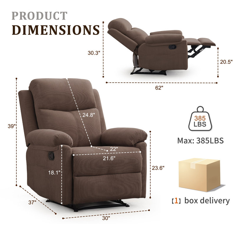 Manual Recliner Chair ,Small Recliners For Small Space, Soft Fabric Upholstered Recliner With Side Pocket, Brown