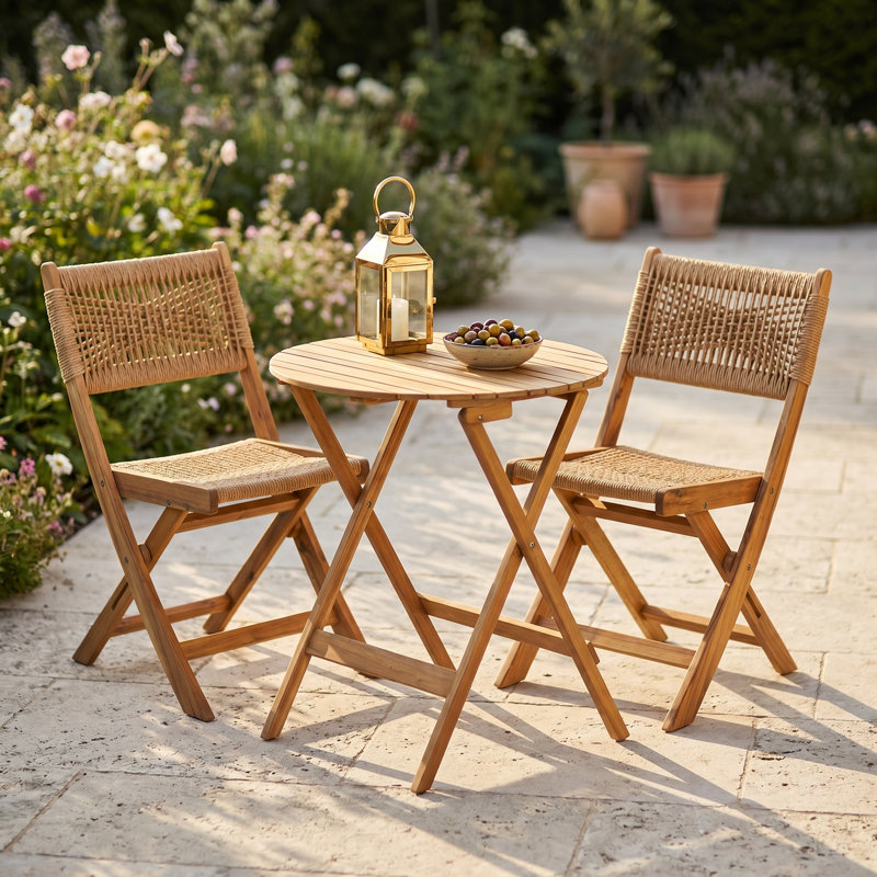 3-Piece Folding Acacia Wood Bistro Set with Teak-Look Finish and Sand Wicker, Patio Set with 2 Chairs and Round Table for Balcony, Garden, Deck, Space-Saving Design