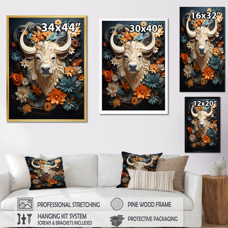 «Cubist Herd Yak», reproduction sur toile, Cadre flottant noir, H 40 po x l 30 po