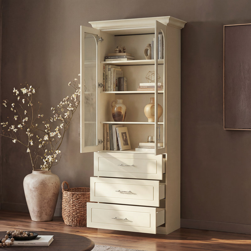 Alderman 92.5" H Bookcase With Glass Doors & 3 Drawers