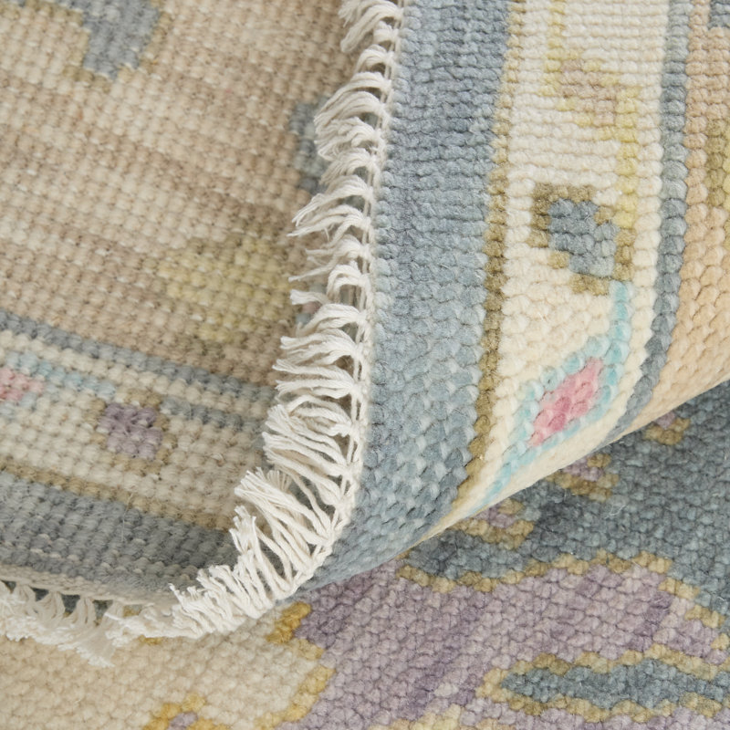 Karina Hand Knotted Wool Floral Area Rug in Blue/Beige, Rectangle 9'6" x 13'6"