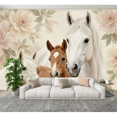 Peel and Stick Wallpaper Elegant Family Horses White Brown Amid Soft Floral Wall Murals 100"H x 144"W Removable PVC Wall Paper Self-Adhesive Wall Decor for Bedroom Living Room Home Office