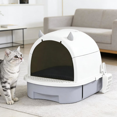 Cat Litter Box With Privacy And Odor - Controlling Function, Bottom Drawer For Hassle Cleaning, Retention Feature, Carrying Handle, White, Polypropylene, Kittens Easy To Maintain Translucent Flap,