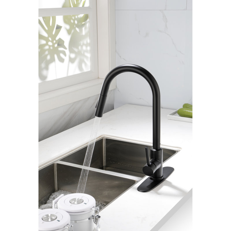 Robinet de cuisine rétractable - Acier inoxydable noir mat, buse pivotante à 360 °, corrosion et rouille, poignée simple pour la régulation de la température et du débit de l'eau avec traitement antirouille rotatif, pratique