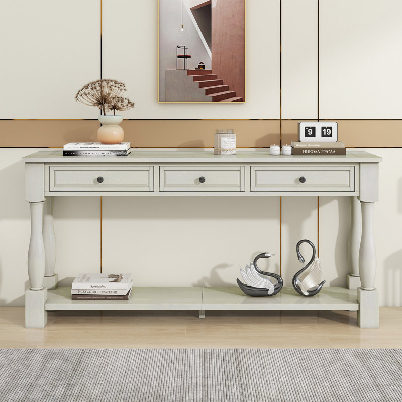 Console polyvalente en bois avec trois tiroirs et tablette inférieure, Blanc antique