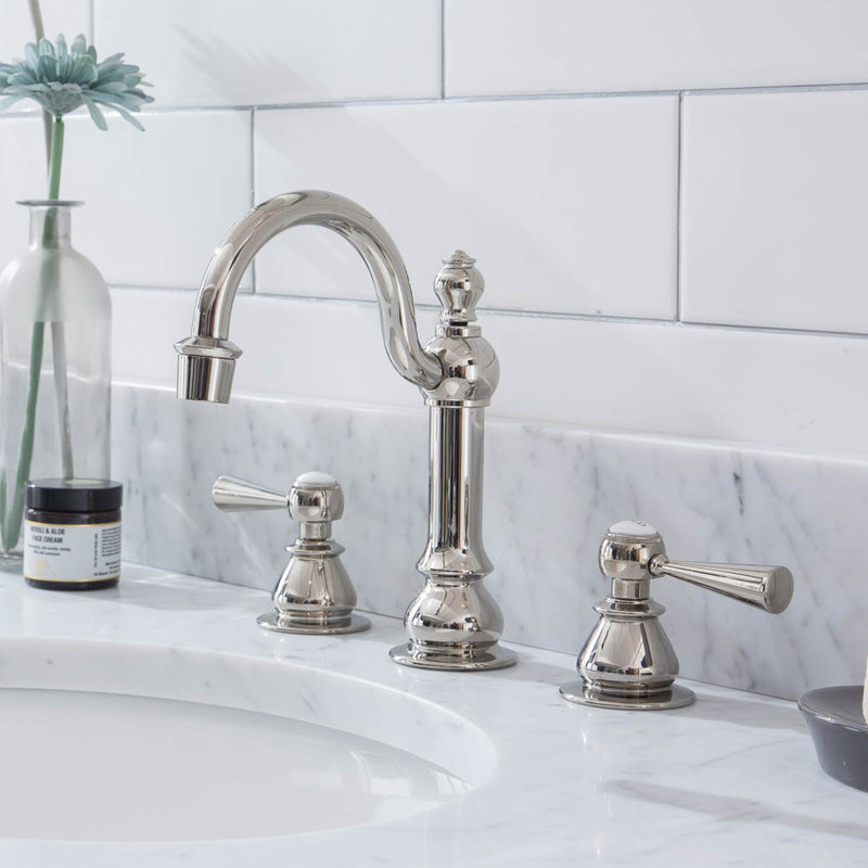 American 20th Century Classic Hook Spout Widespread Deck Mount Lavatory Faucets With Pop-Up Drain in Polish Nickel Finish With Metal Lever Handles, Hot And Cold Index Included