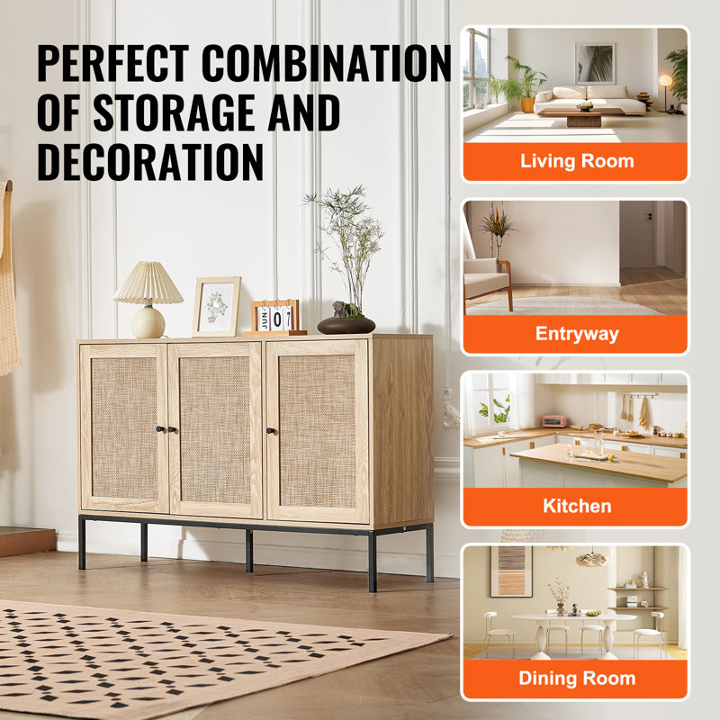 Natural Rattan Cabinet with Adjustable Shelves and Black Legs