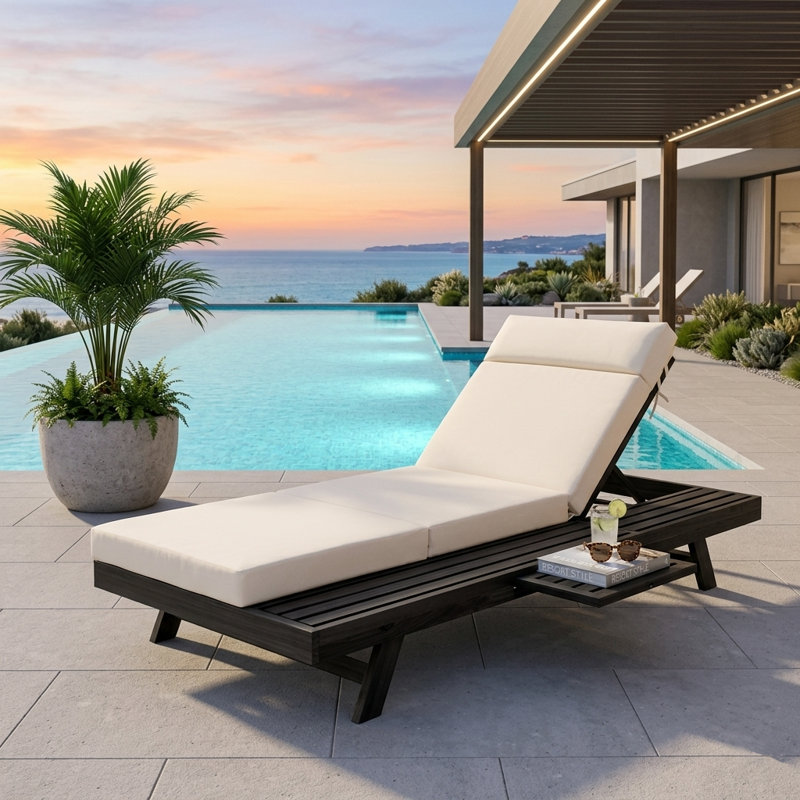 Chaise longue d'extérieur en bois d'acacia de 79 po avec coussin à trois volets résistant à l'eau de 4 po et appui-tête intégré