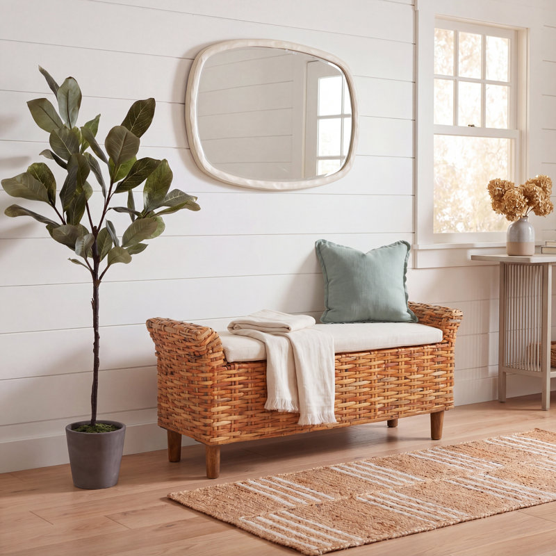Banc avec revêtement, Coussin blanc / structure naturelle