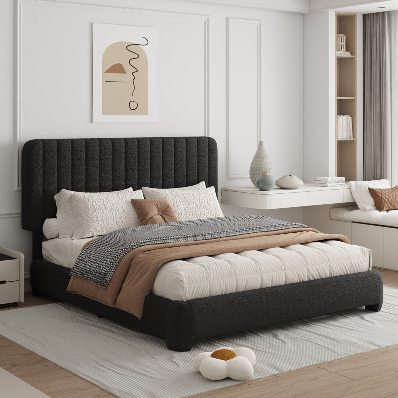 Haden Upholstered Platform Bed Frame with Adjustable Headboard, Black, Queen