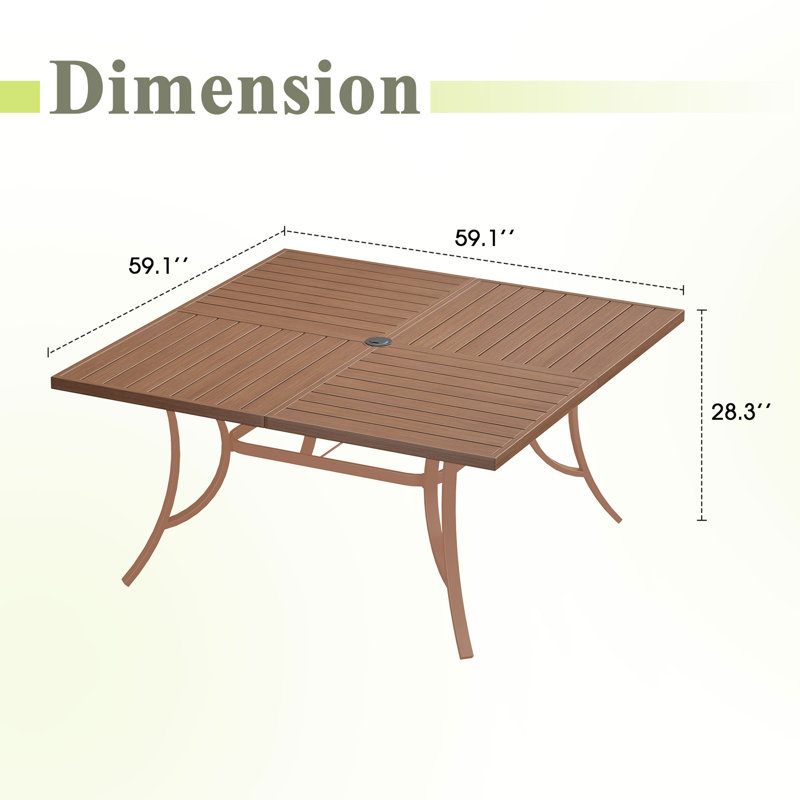 Table de salle à manger carrée 59,1 "avec trou pour parasol, Bois brun brossé / base noire