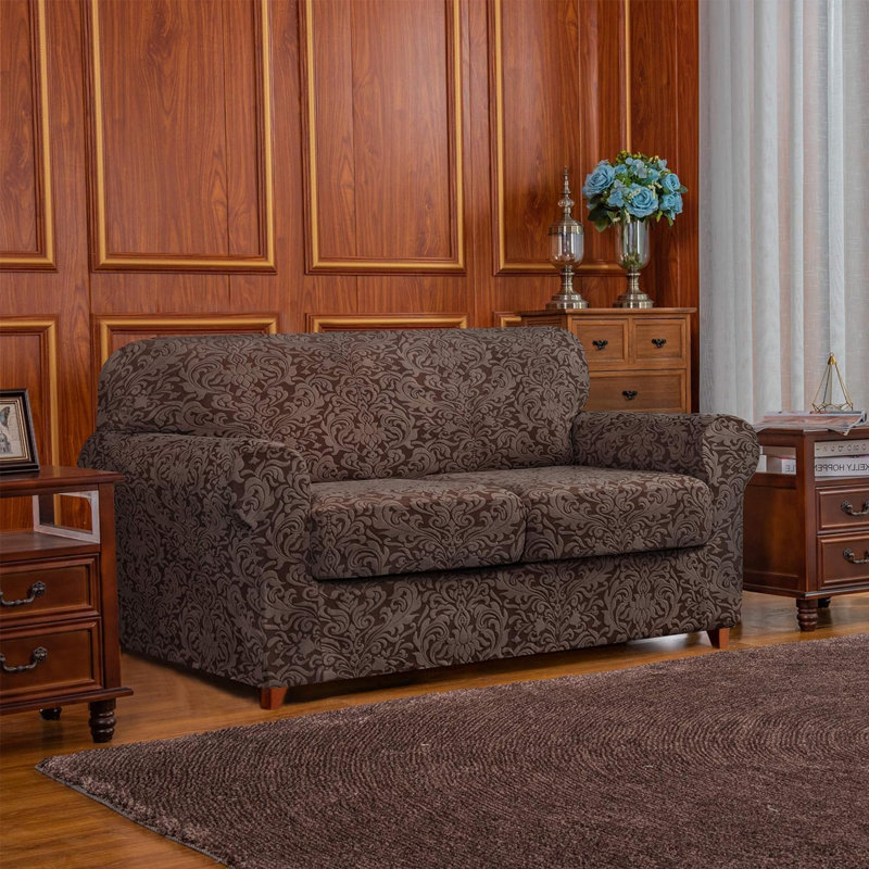 Housse pour causeuse extensible à 2 coussins Jacquard, Polyester café
