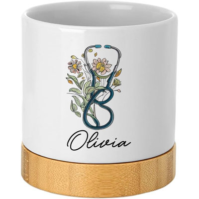 4" Custom Nurse Flower Pot With Drainage, Floral Stethoscope And Name, RN BSN LPN Gift