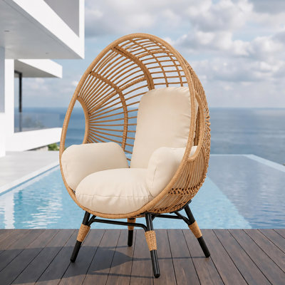 Fauteuil à œufs en osier noir naturel à rayons ouverts avec coussin, capacité de 400 lb pour une utilisation intérieure / extérieure