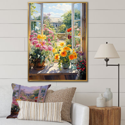 Fleurs d'été, vue de fenêtre à la ferme I - Art mural de fenêtre floral