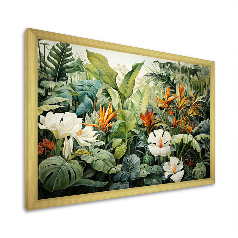 Décoration murale blanche botanique contemporaine Jungle Wonders - Plantes, Cadre doré simple, H 24 po x l 32 po x P 1 po