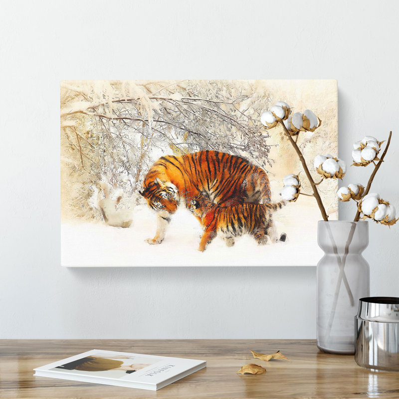 Mother Tiger And Cub In Winter - Wrapped Canvas Print, 60cm H x 91cm W x 3cm D