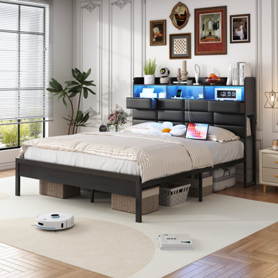 Bed Frame With Storage Headboard, Upholstered Metal Bed Frame With LED Lights, Charging Station, Heavy-Duty Metal Slats Support, Noise-Free
