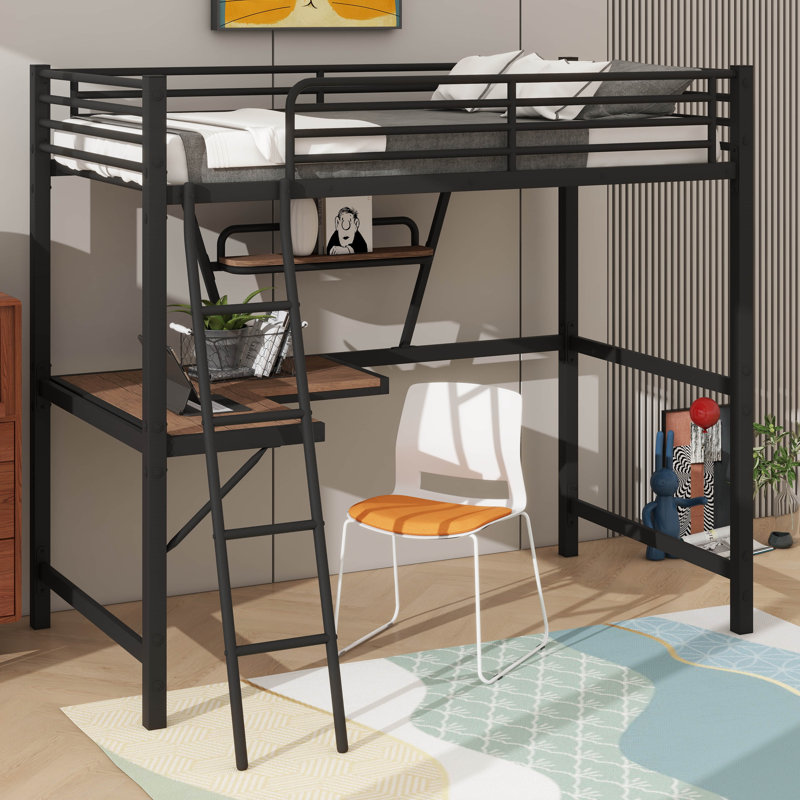 Lit mezzanine simple avec échelle de rangement pour bureau et garde-corps de sécurité pleine longueur