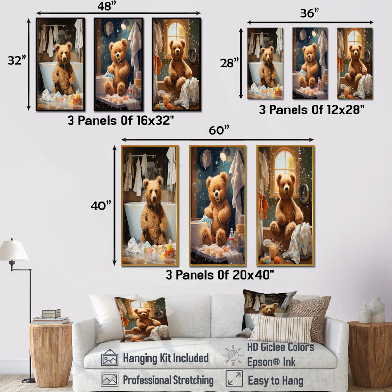 «Bear Bathaign Bubbles I» - Ensemble de 3 reproductions d'art mural, Cadre flottant blanc, H 28 po x l 36 po
