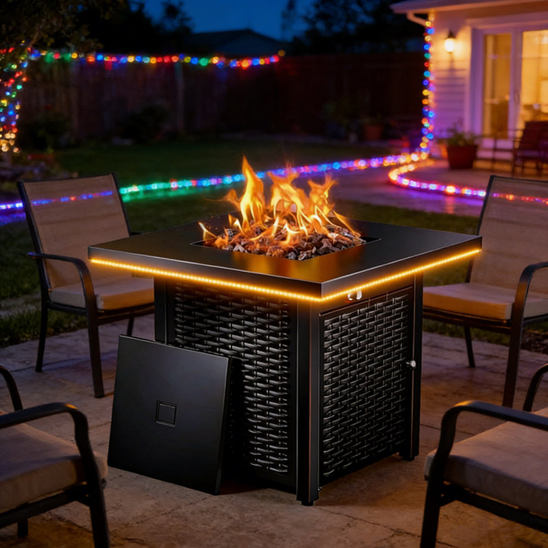 Table de foyer au propane de 71 cm (28 po), foyer extérieur au gaz de 60 000 BTU homologué CSA avec éclairage RVB, contrôle par application, flamme synchronisée avec la musique, pierres de lave et chaleur réglable pour patio et cour