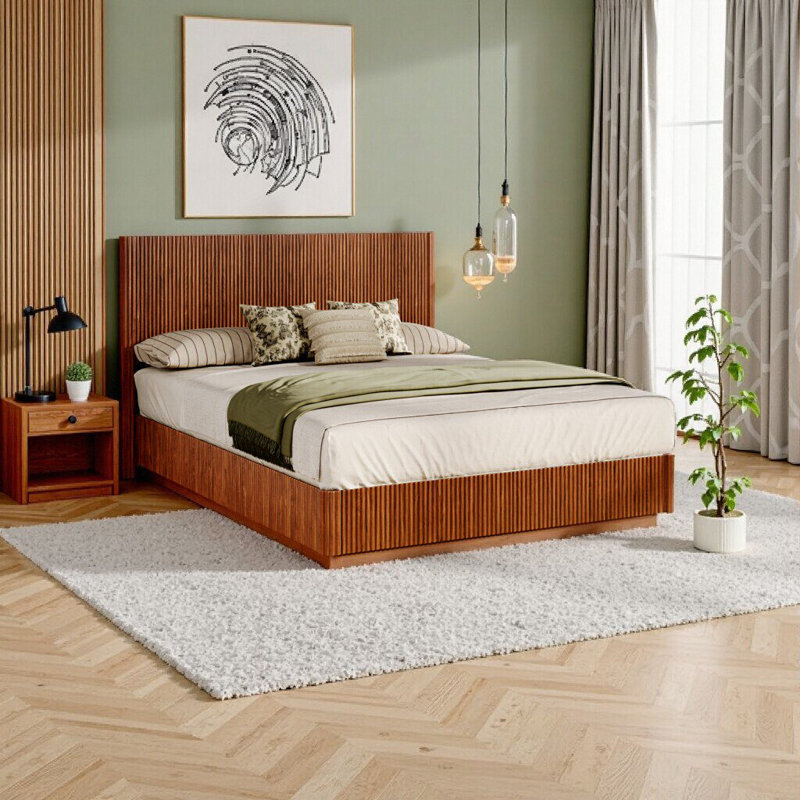 Élégante base de lit pour grand lit avec lumières DEL - Conception moderne en bois de noyer avec éclairage intelligent et aucun sommier nécessaire