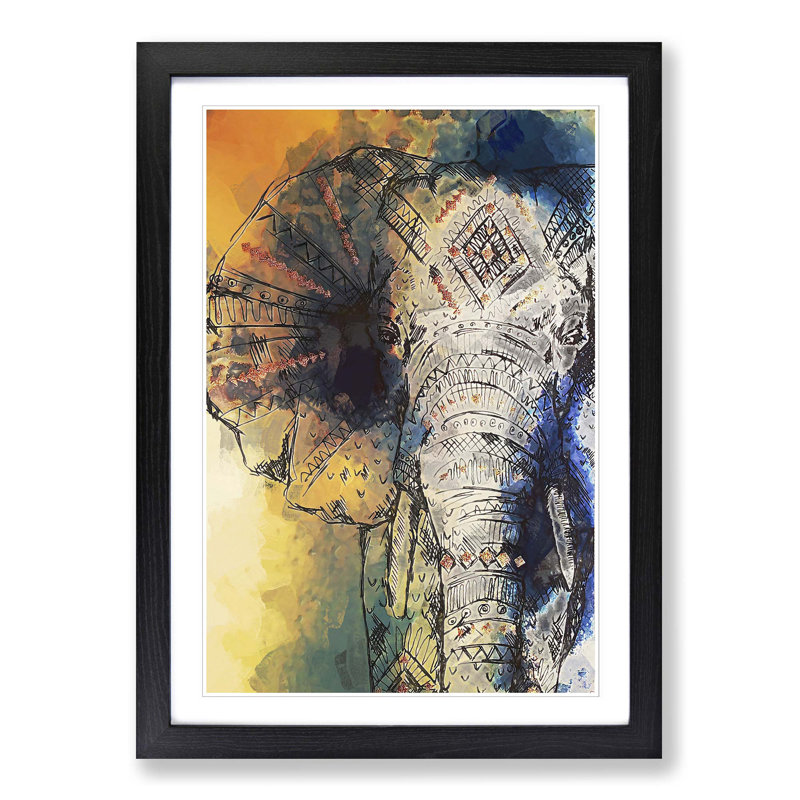 Indian Elephant in Abstract - Framed Print, 60cm H x 40cm W x 2cm D, Black