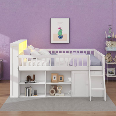 Queen Low Loft Bed With Storage Headboard And LED Lights, Wooden Loft Bed Frame With Storage Shelves
