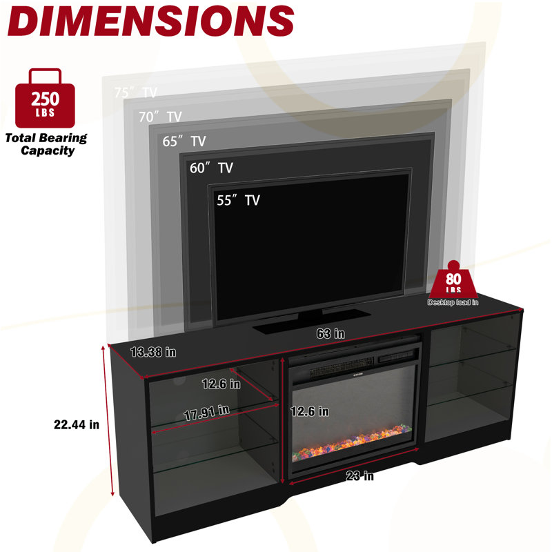 Ryter TV Stand for TVs up to 75" with Fireplace Included, Black