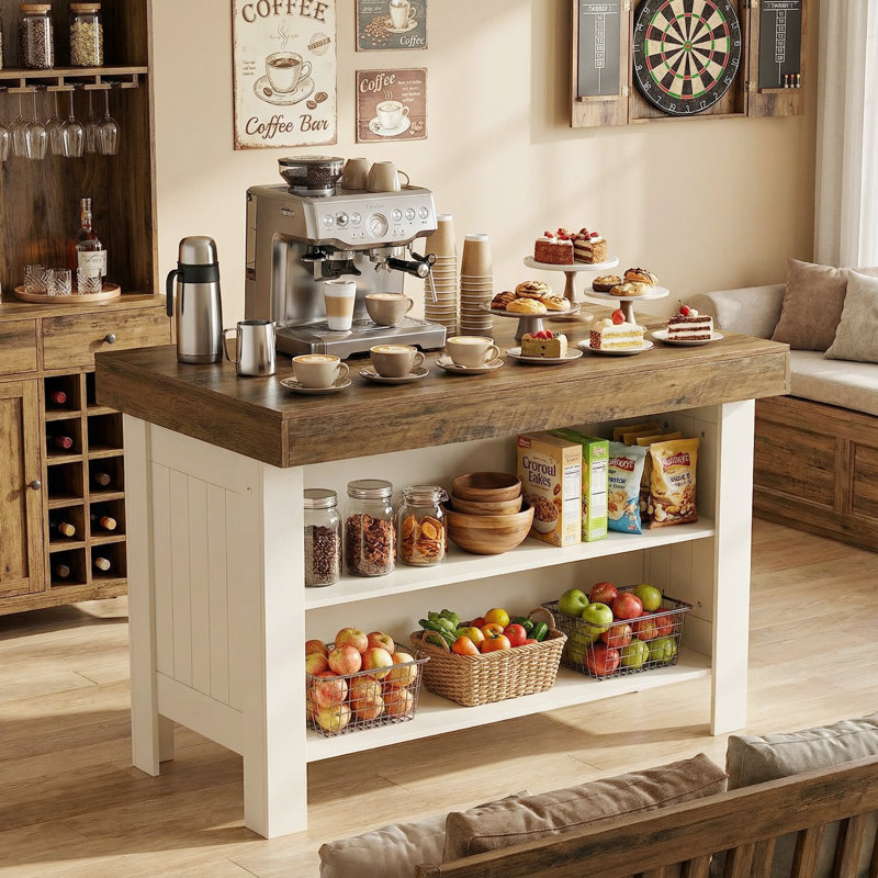 55" Kitchen Island With 3 Shelves, Farmhouse Style