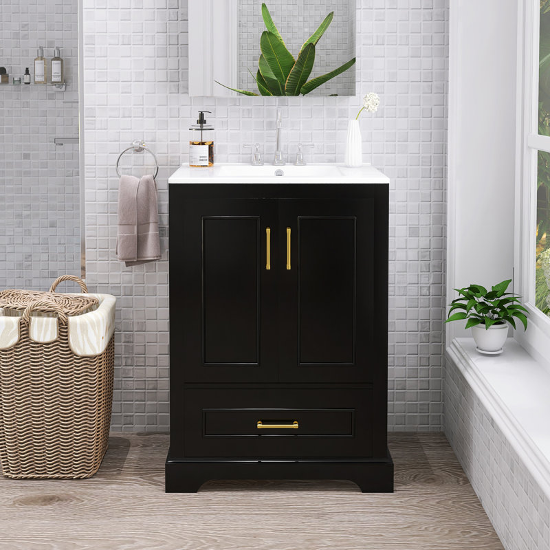 Modern Freestanding Bathroom Vanity With Ceramic Sink, Black, 24"
