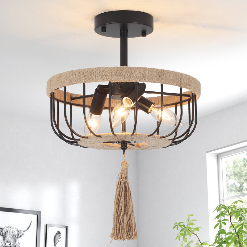 3-Light Black Cage Semi-Flush Mount, Rustic Farmhouse Boho Ceiling Light With Handwoven Hemp Rope Drum Shade For Kitchen, Dining Room, Bedroom