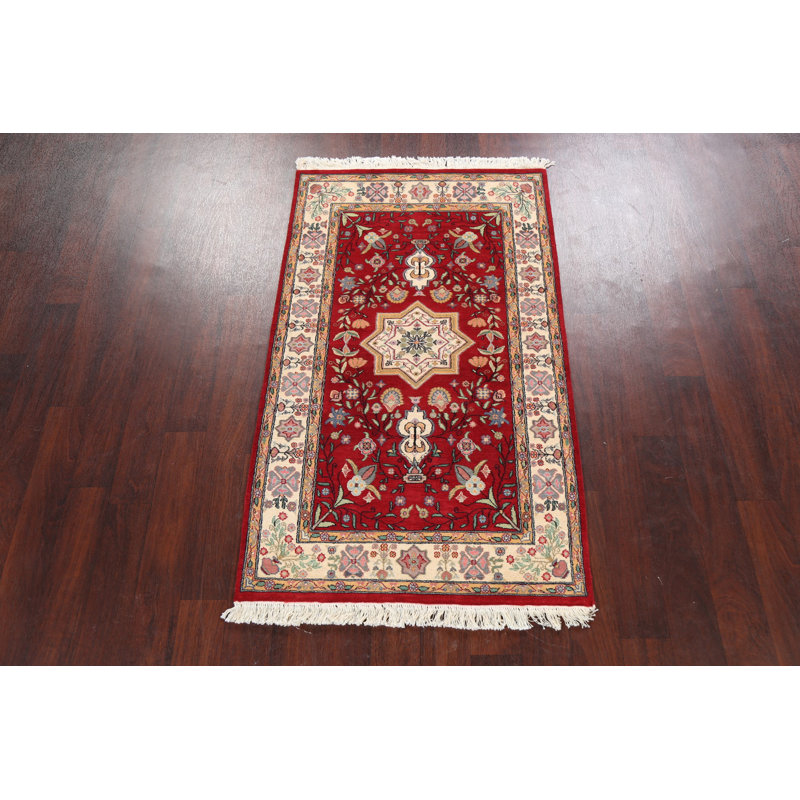 Tapis rouge en laine noué à la main de conception unique 3 pi x 5 pi 3 po New Age