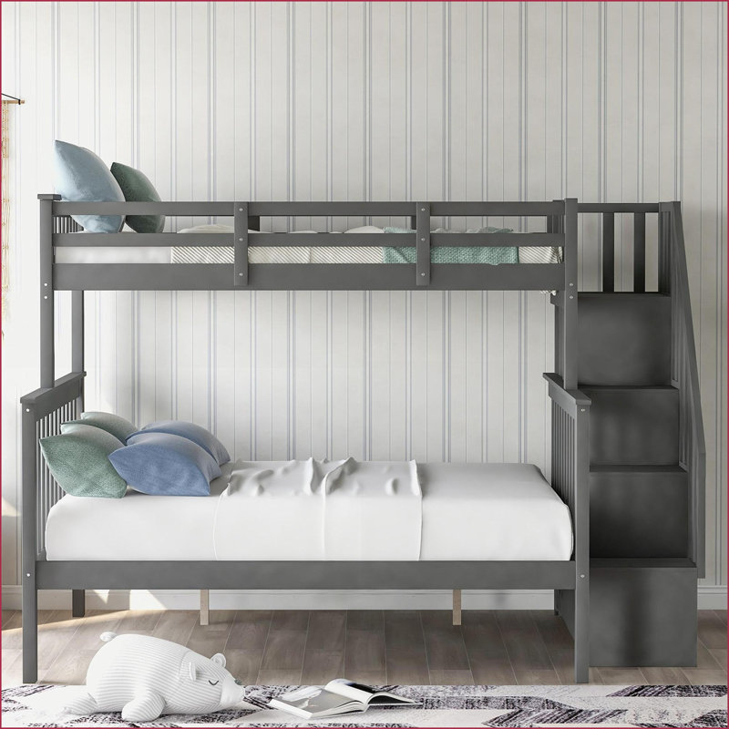 Lit superposé simple au-dessus d'un lit double avec escalier de rangement et amp; Garde-corps gris chambre à coucher, Gris