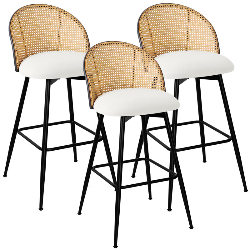 Natural Rattan and White Leather Swivel Counter Stools, Set of 3