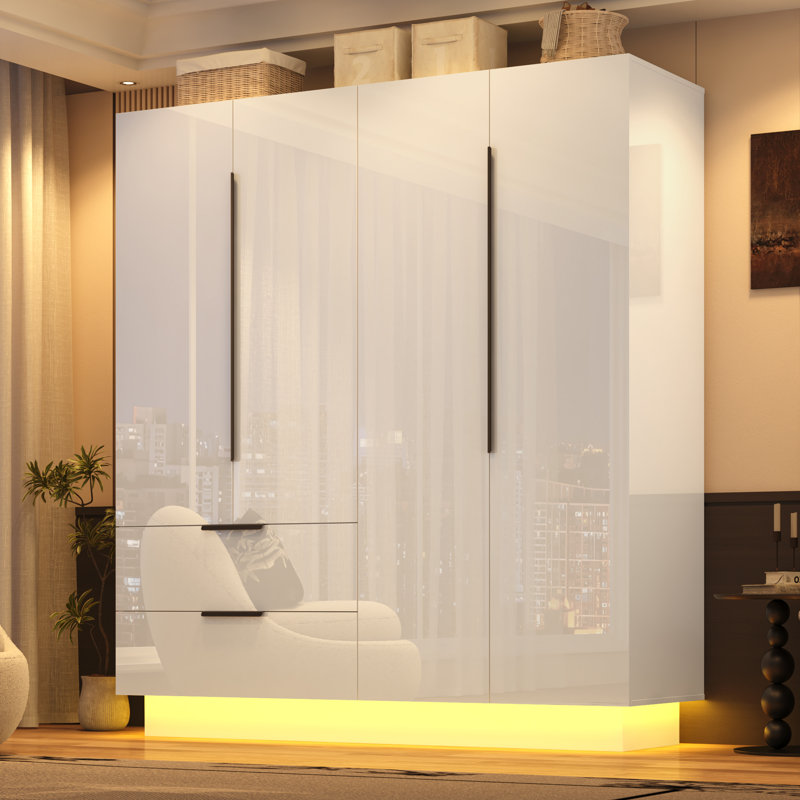 Armoire-penderie moderne ultrabrillante avec tablettes et tringle, Blanc