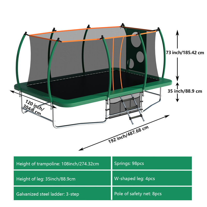 10*16ft Rectangular Trampoline with Ladder,Storage Bag,Enclosure Net,Soccer Shot, Green/Black