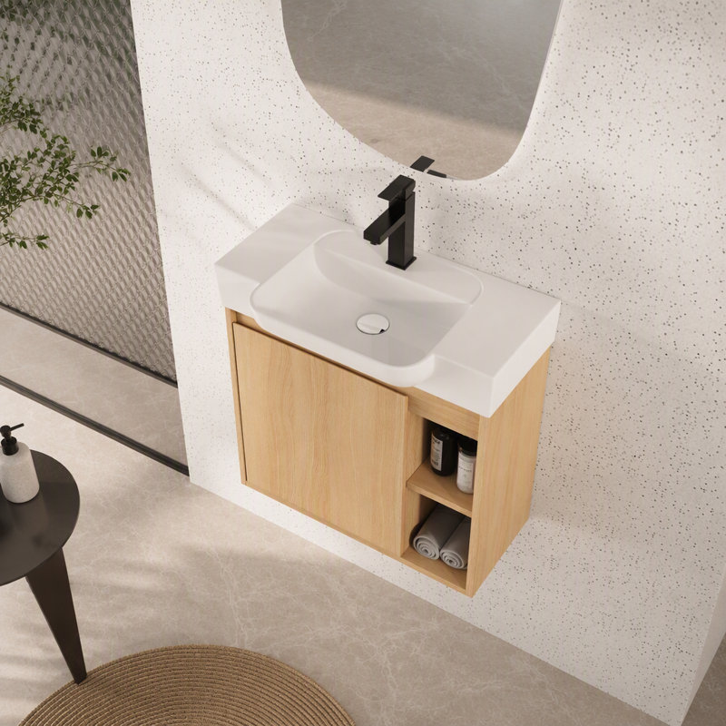 Meuble-lavabo mural 24 po avec lavabo en céramique blanche et porte à fermeture en douceur, emballage KD, chêne clair, 24"