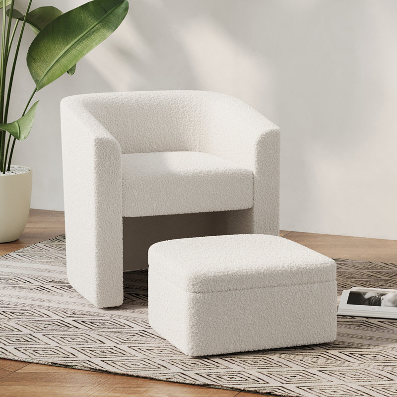 Fauteuil d'appoint blanc avec ensemble de fauteuils, fauteuil d'appoint de salon moderne, fauteuil simple, repose-pieds avec rangement, convient pour chambre / bureau / espace de lecture, blanc crème