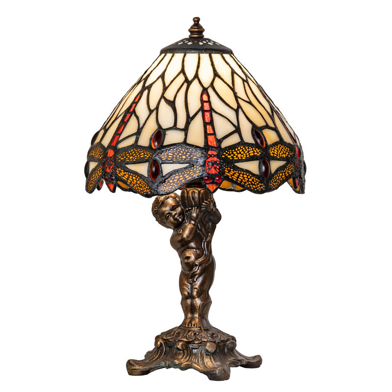 12" High Tiffany Hanginghead Dragonfly Cherub Accent Lamp, Beige/Red