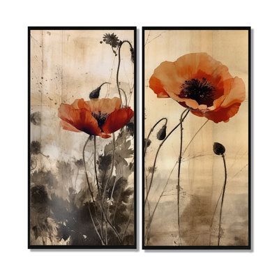 Vintage Beige Poppies II - Floral Framed Canvas Print