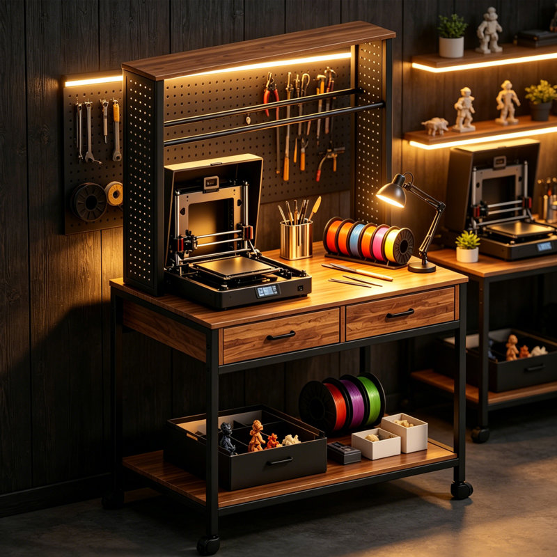 Table pour imprimante 3D avec rangement pour filament, support pour imprimante 3D avec station de charge et panneau perforé, bureau d'imprimante robuste à roulettes pour atelier, bureau, garage, studio (brun)